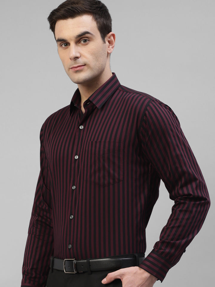 Men Maroon & Black Candy Striped Pure Cotton Slim Fit Formal Shirt