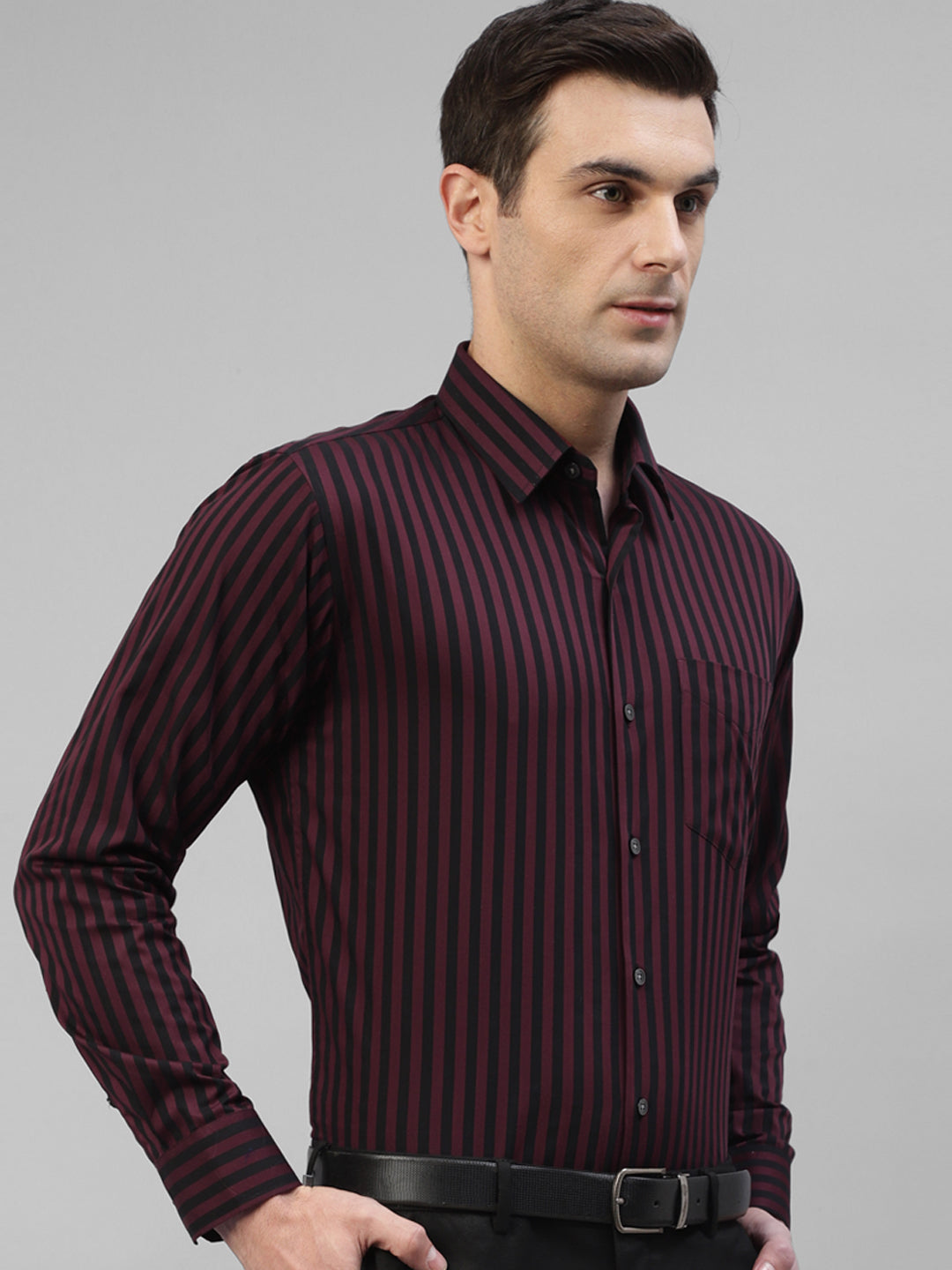 Men Maroon & Black Candy Striped Pure Cotton Slim Fit Formal Shirt