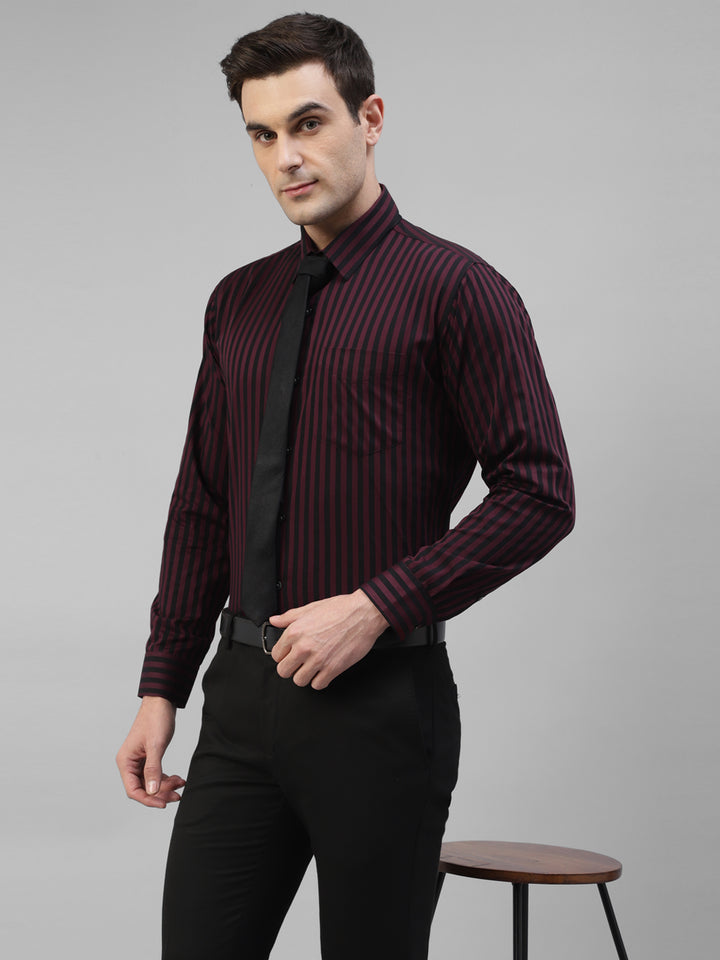 Men Maroon & Black Candy Striped Pure Cotton Slim Fit Formal Shirt