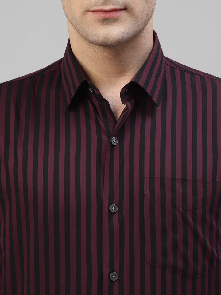 Men Maroon & Black Candy Striped Pure Cotton Slim Fit Formal Shirt