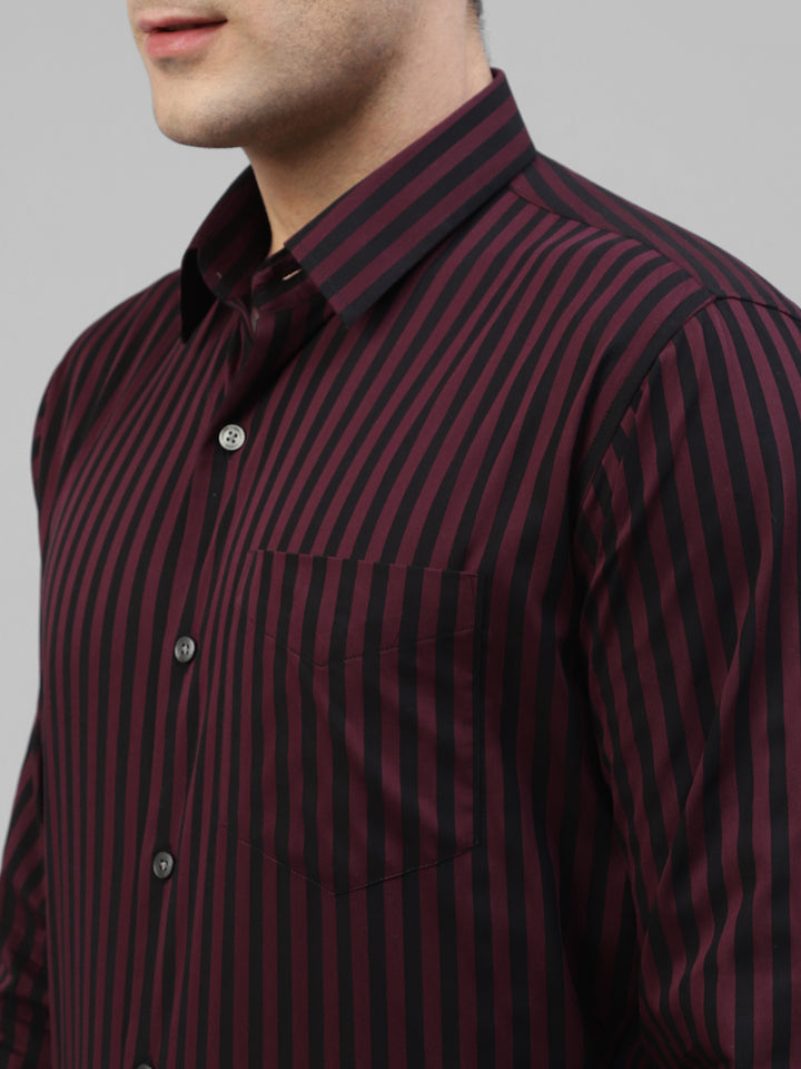 Men Maroon & Black Candy Striped Pure Cotton Slim Fit Formal Shirt