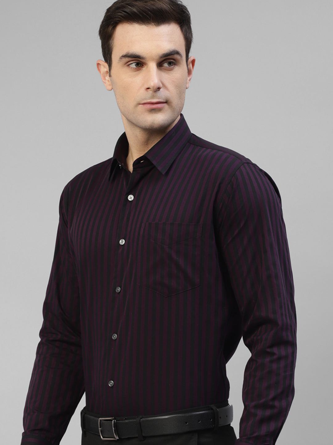 Men Purple & Black Candy Striped Pure Cotton Slim Fit Formal Shirt