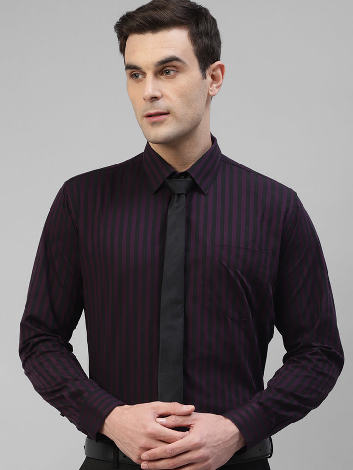 Men Purple & Black Candy Striped Pure Cotton Slim Fit Formal Shirt