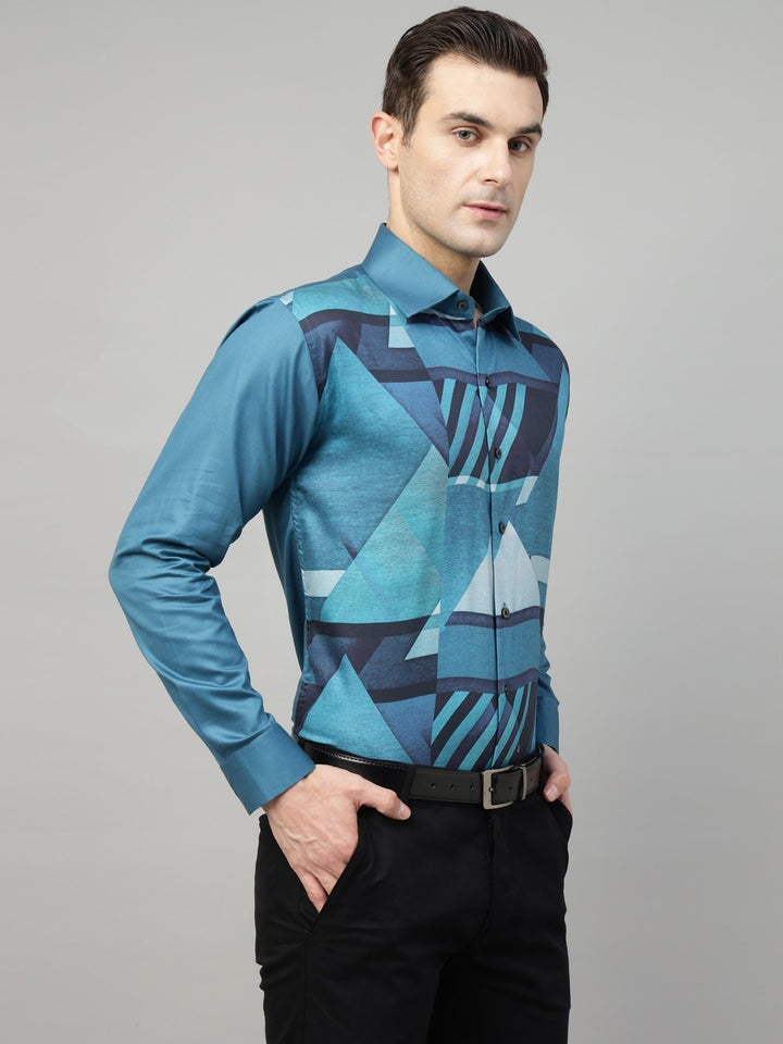 Men Turquoise Blue Graphical Printed Wrinkle Free Cotton Satin Slim Fit Party Shirt