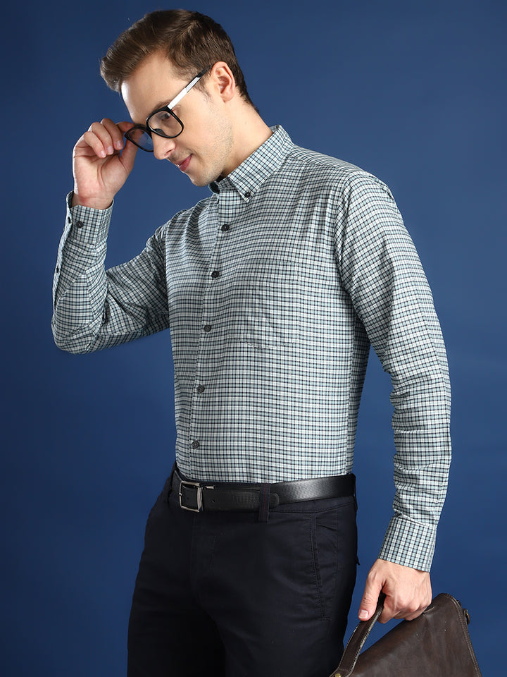 Men White & Green Checked Cotton Slim Fit Formal Shirt