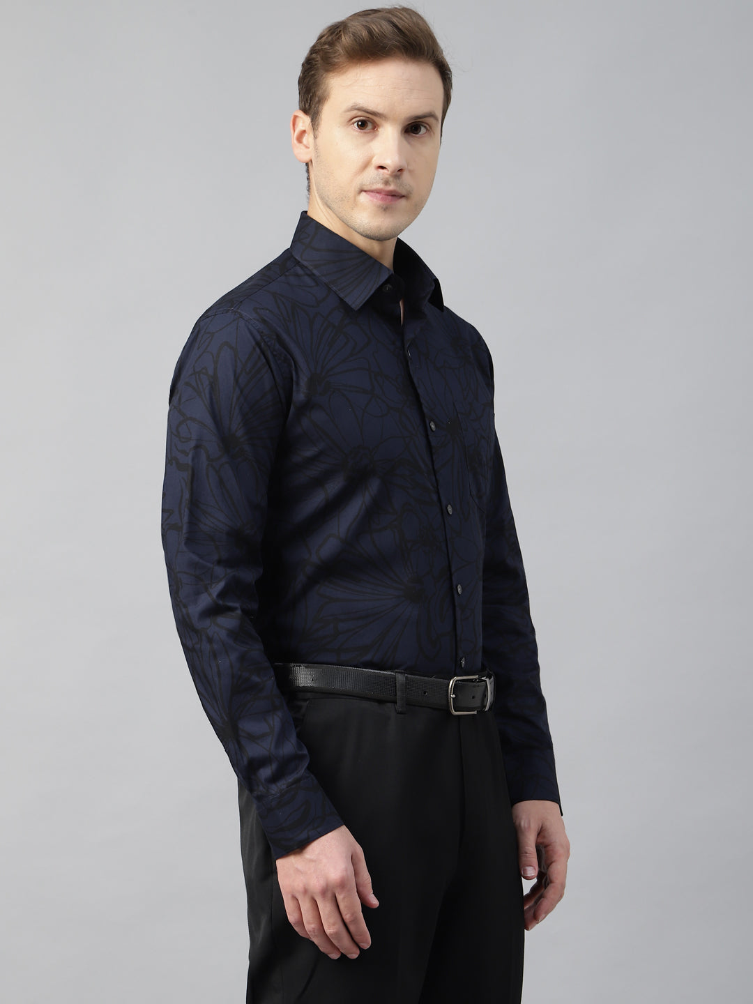 Hancock Men Navy Blue & Black Printed Cotton Slim Fit Party Shirt Hancock Men Navy Blue & Black Printed Cotton Slim Fit Party Shirt