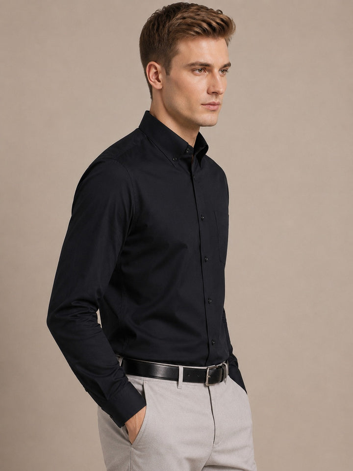 Men Black Solid Cotton Slim Fit Button Down Collar Formal Shirt