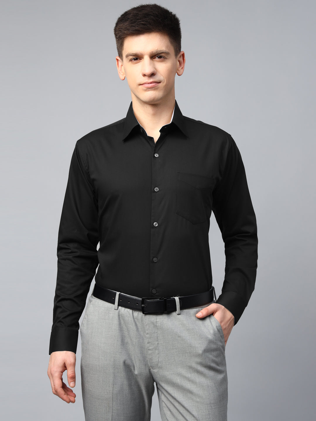 Men Black Solid Herringbone Giza Cotton Slim Fit Formal Shirt