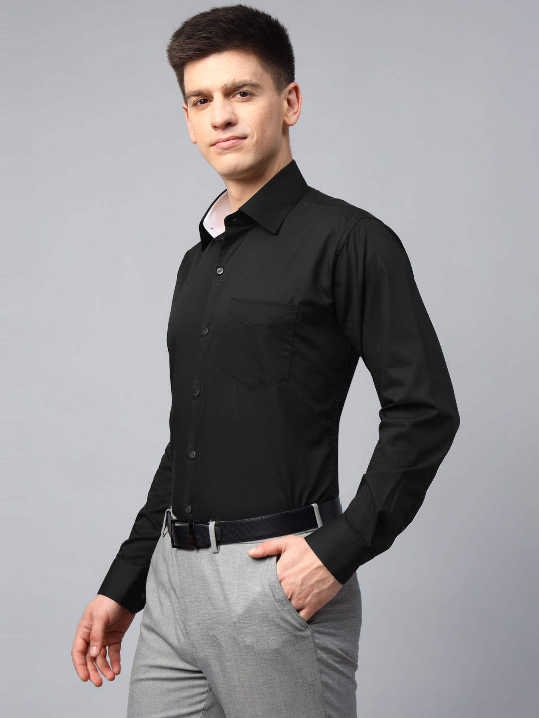 Men Black Solid Herringbone Giza Cotton Slim Fit Formal Shirt