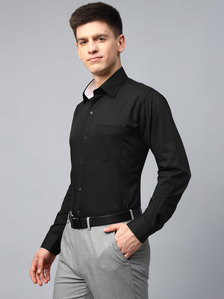 Men Black Solid Herringbone Giza Cotton Slim Fit Formal Shirt