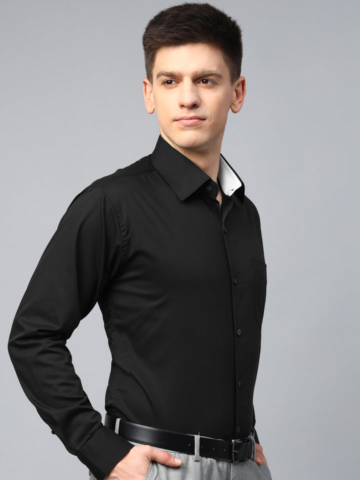 Men Black Solid Herringbone Giza Cotton Slim Fit Formal Shirt