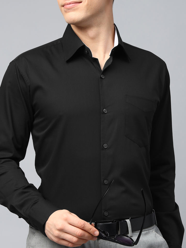 Men Black Solid Herringbone Giza Cotton Slim Fit Formal Shirt