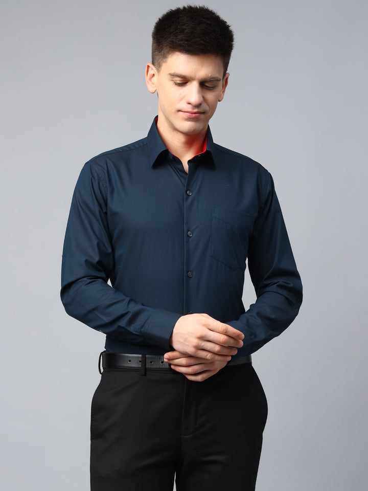 Men Navy Blue Solid Herringbone Giza Cotton Slim Fit Formal Shirt