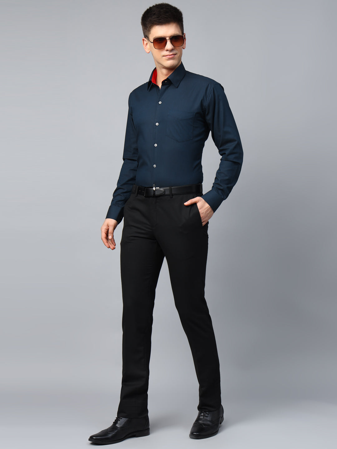 Men Navy Blue Solid Herringbone Giza Cotton Slim Fit Formal Shirt