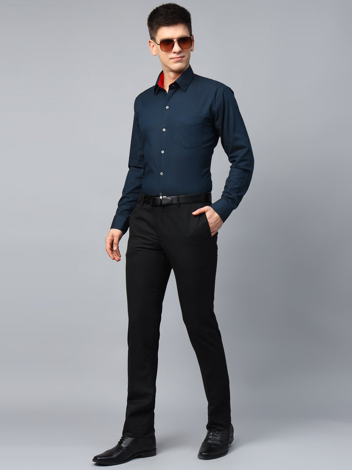 Men Navy Blue Solid Herringbone Giza Cotton Slim Fit Formal Shirt