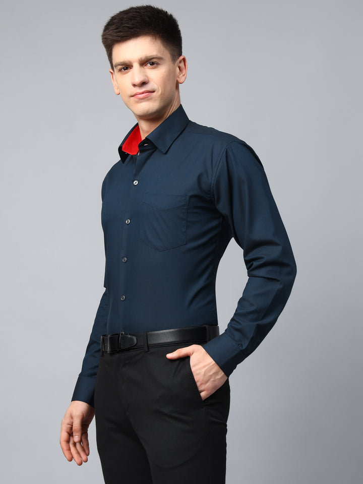 Men Navy Blue Solid Herringbone Giza Cotton Slim Fit Formal Shirt