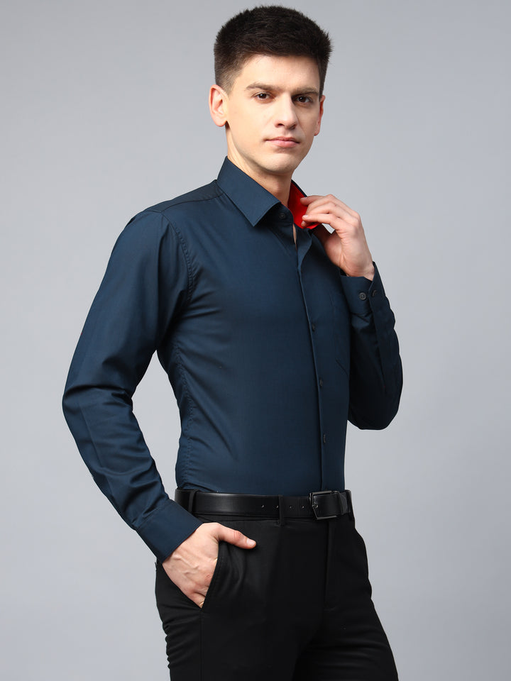 Men Navy Blue Solid Herringbone Giza Cotton Slim Fit Formal Shirt