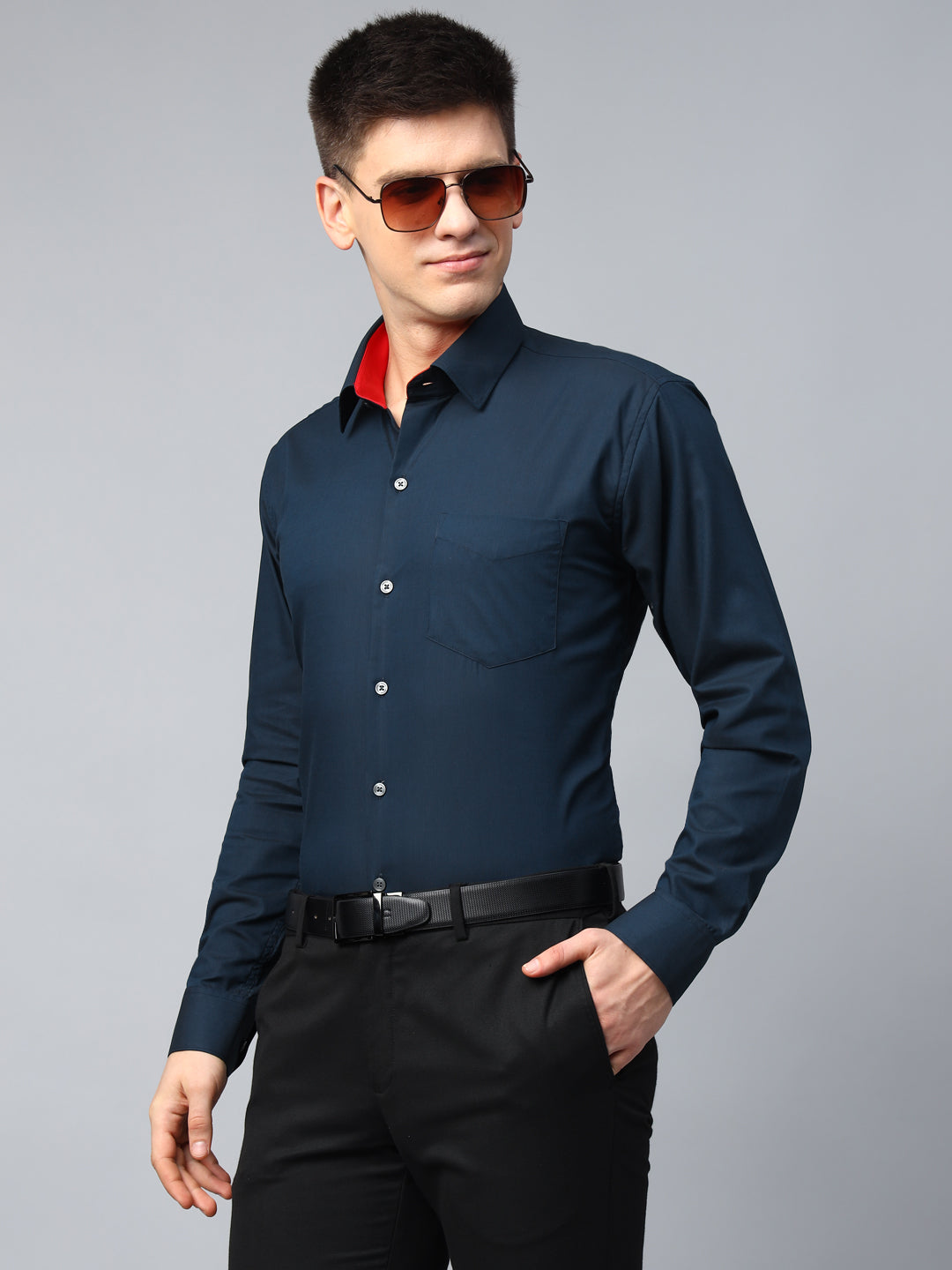 Men Navy Blue Solid Herringbone Giza Cotton Slim Fit Formal Shirt