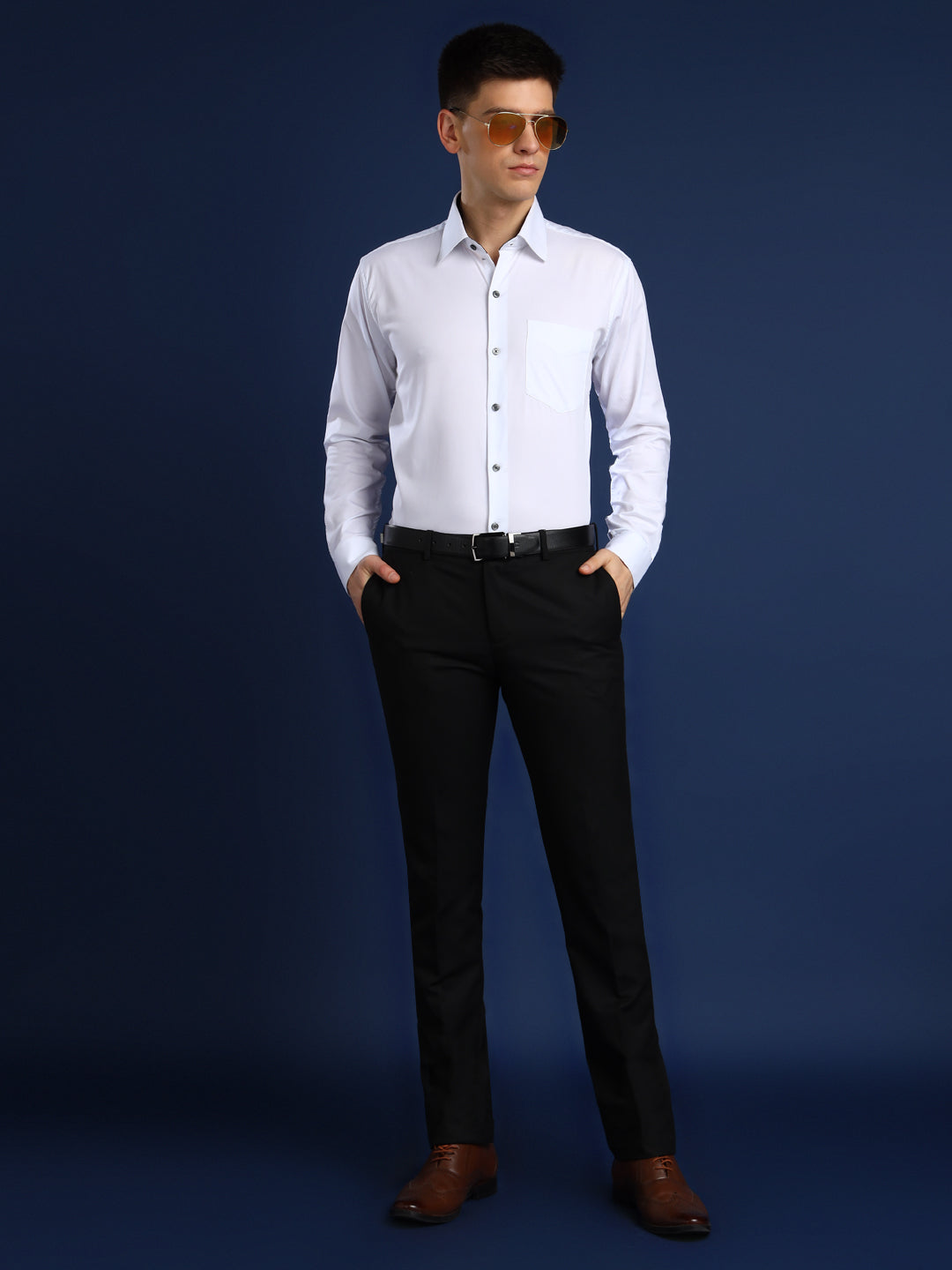Men White Solid Herringbone Giza Cotton Slim Fit Formal Shirt