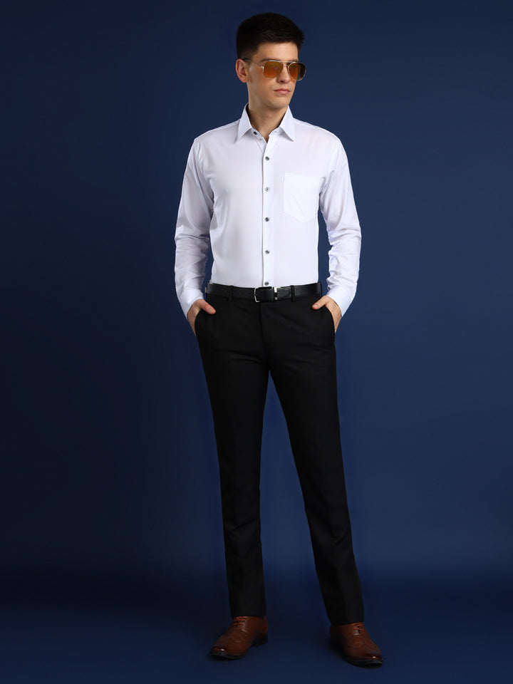 Men White Solid Herringbone Giza Cotton Slim Fit Formal Shirt