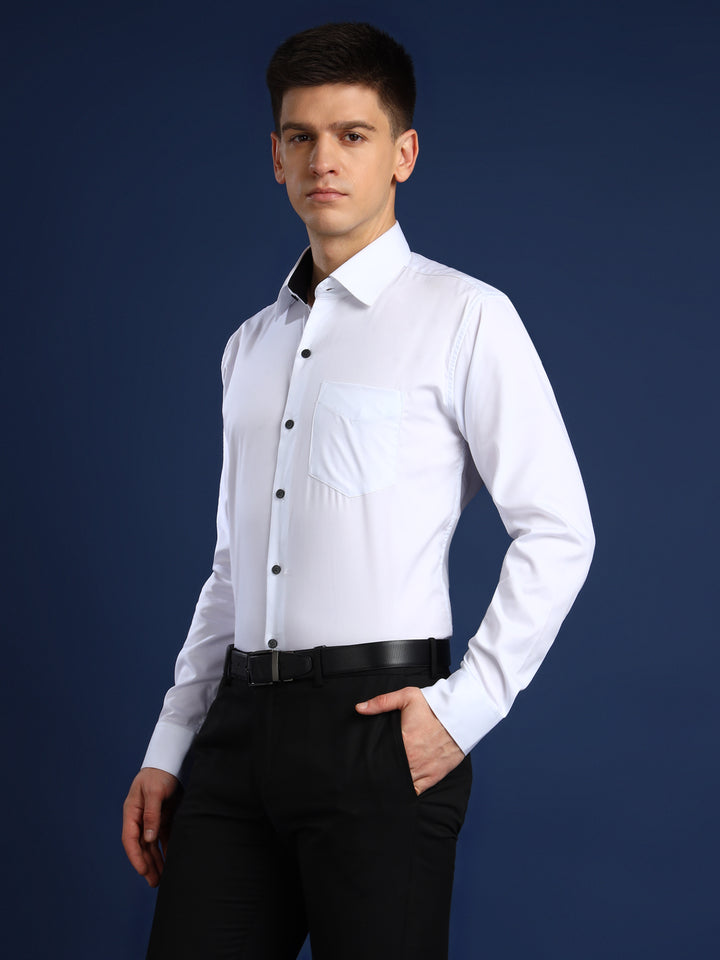 Men White Solid Herringbone Giza Cotton Slim Fit Formal Shirt