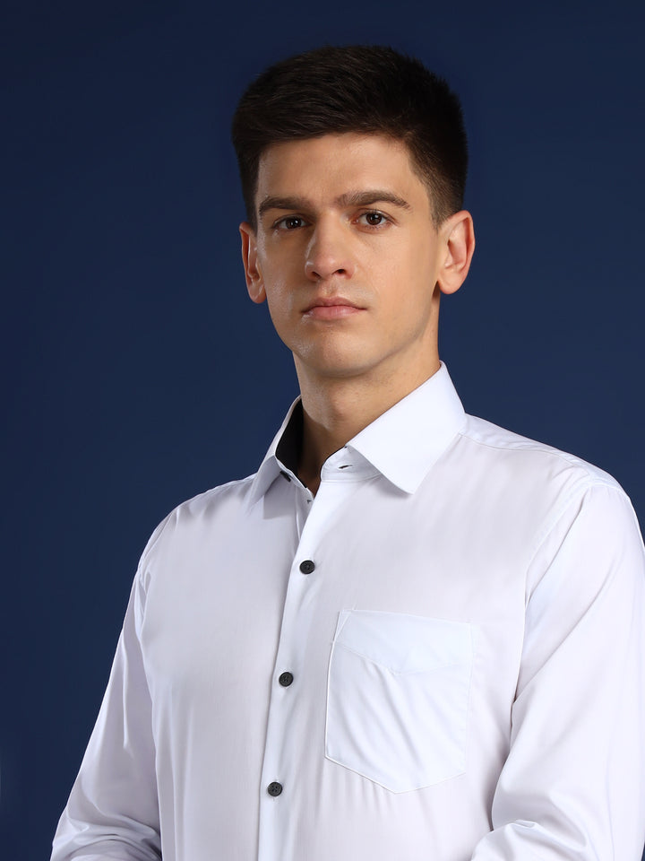 Men White Solid Herringbone Giza Cotton Slim Fit Formal Shirt