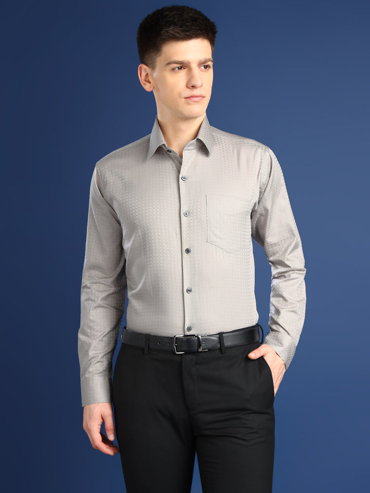 Men Light Grey Textured Giza Cotton Slim Fit Formal Shirt