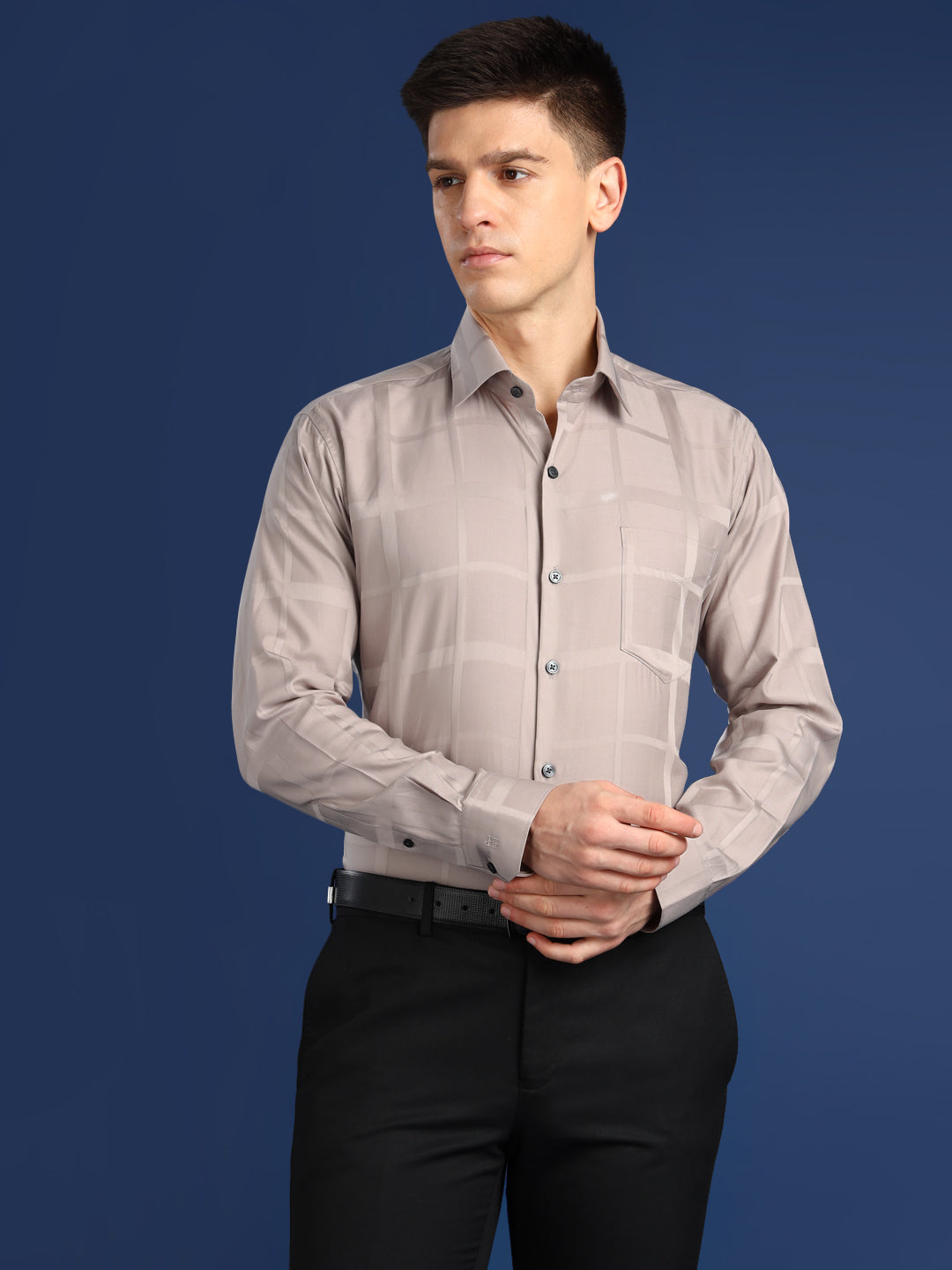 Men Beige Textured Giza Cotton Slim Fit Formal Shirt