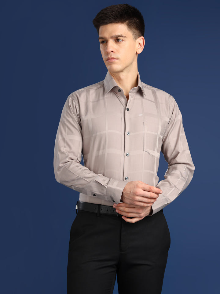 Men Beige Textured Giza Cotton Slim Fit Formal Shirt