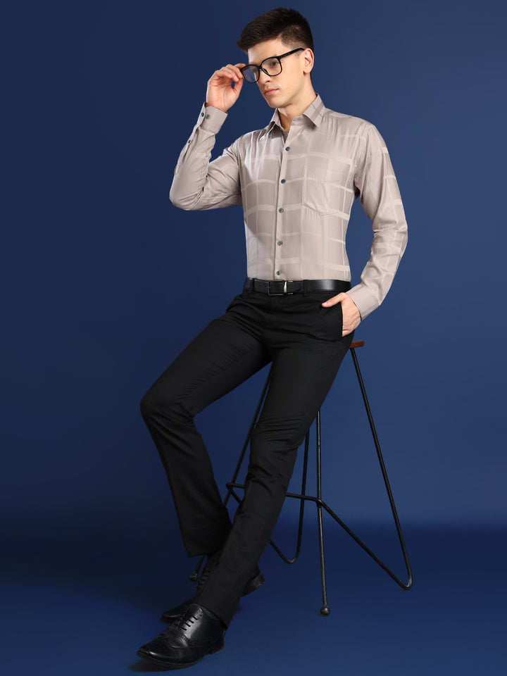 Men Beige Textured Giza Cotton Slim Fit Formal Shirt