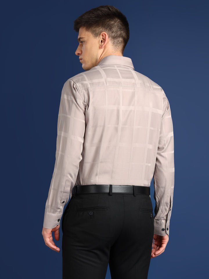 Men Beige Textured Giza Cotton Slim Fit Formal Shirt