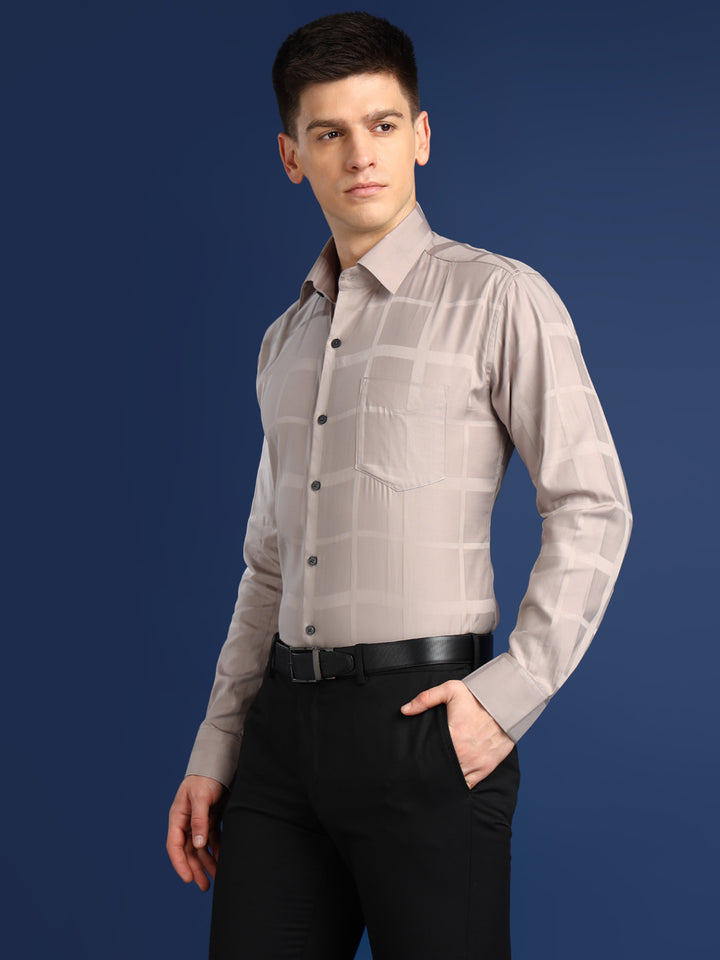 Men Beige Textured Giza Cotton Slim Fit Formal Shirt
