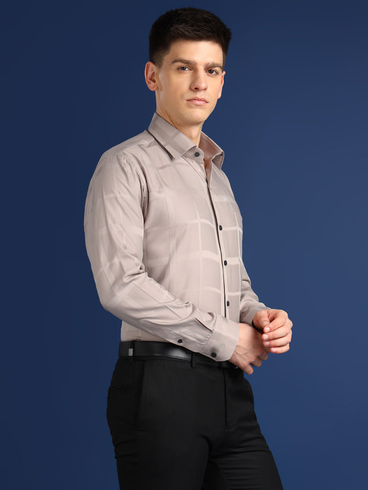 Men Beige Textured Giza Cotton Slim Fit Formal Shirt