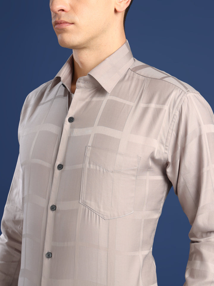Men Beige Textured Giza Cotton Slim Fit Formal Shirt