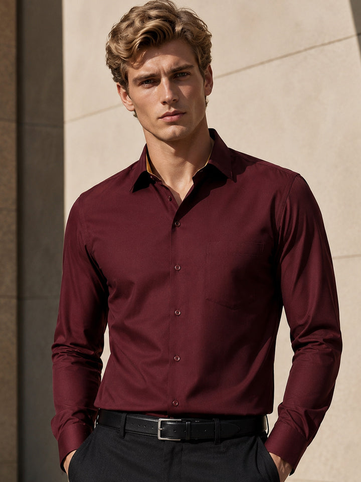 Men Maroon Slim Fit Solid Pure Cotton Formal Shirt