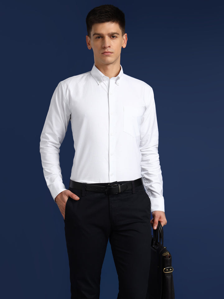 Men White Solid Oxford Pure Cotton Button Down Collar Slim Fit Formal Shirt