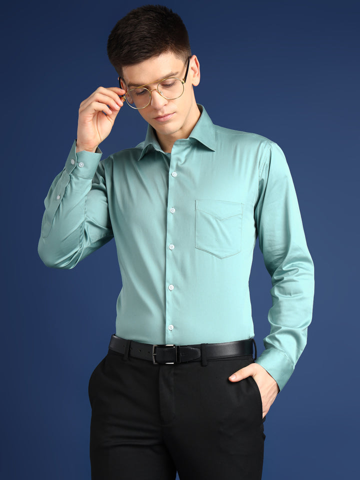 Men Jade Green Solid Cotton Satin Slim Fit Formal Shirt