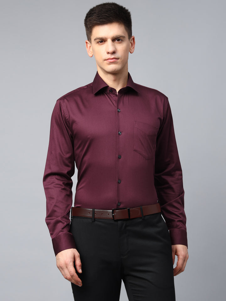 Men Maroon Solid Cotton Satin Slim Fit Formal Shirt