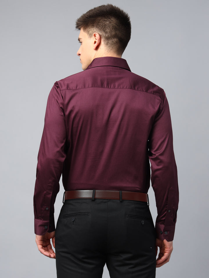 Men Maroon Solid Cotton Satin Slim Fit Formal Shirt