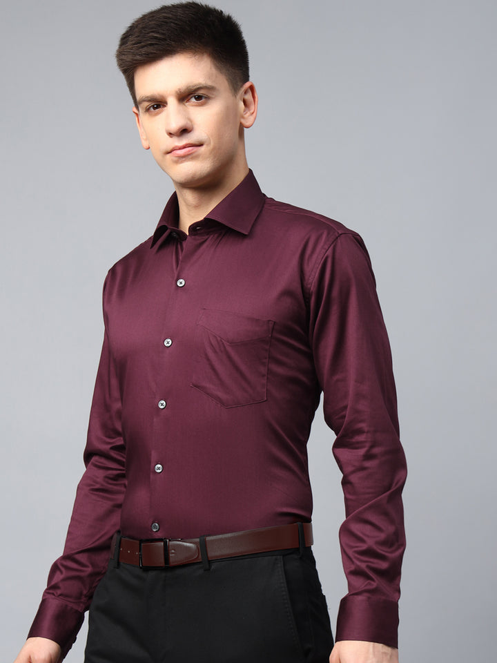 Men Maroon Solid Cotton Satin Slim Fit Formal Shirt