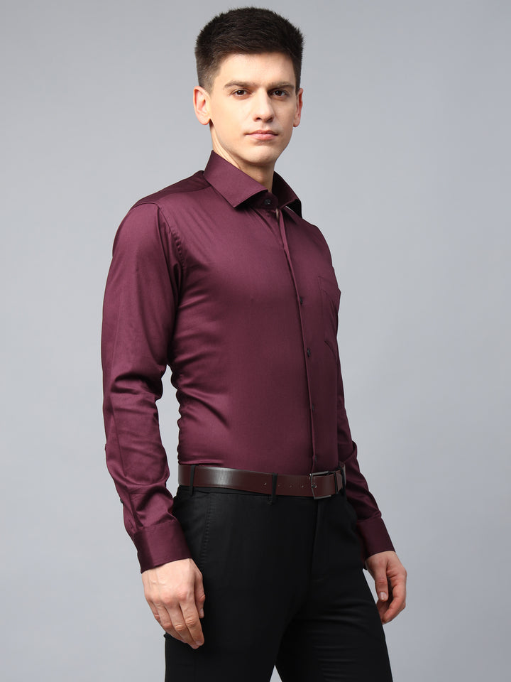 Men Maroon Solid Cotton Satin Slim Fit Formal Shirt