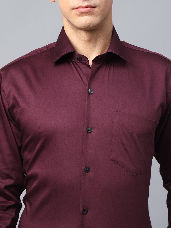 Men Maroon Solid Cotton Satin Slim Fit Formal Shirt