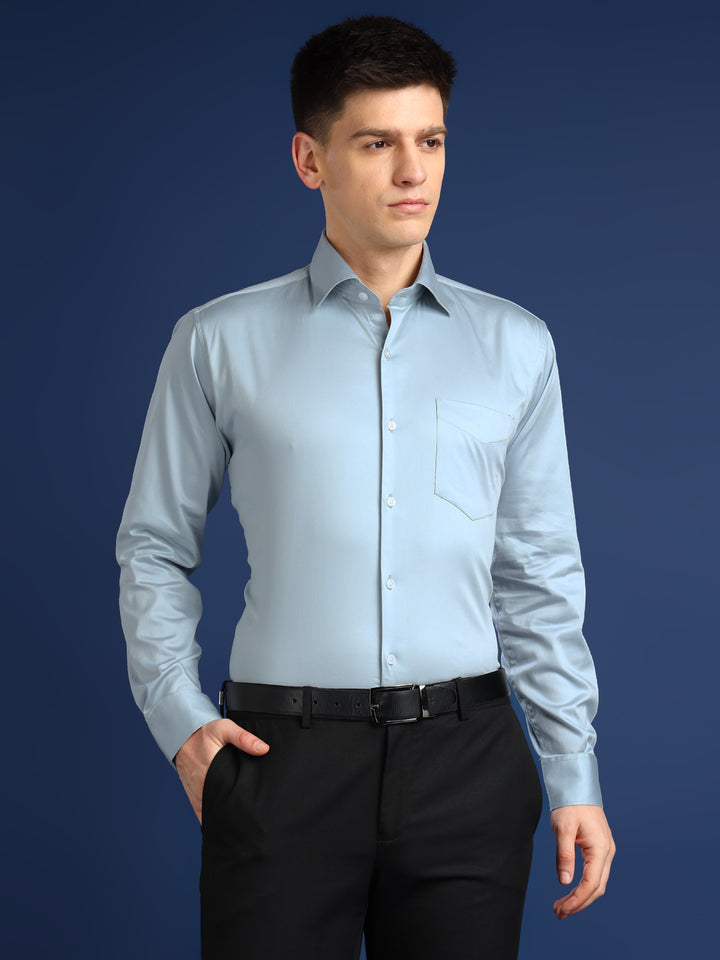 Men Turquoise Blue Solid Cotton Satin Slim Fit Formal Shirt