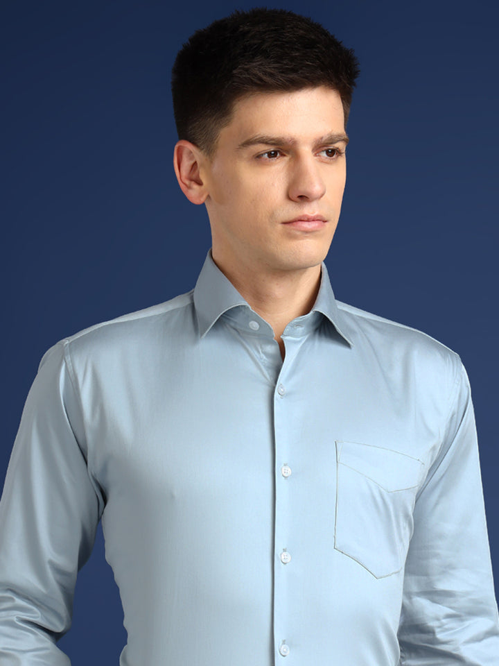 Men Turquoise Blue Solid Cotton Satin Slim Fit Formal Shirt