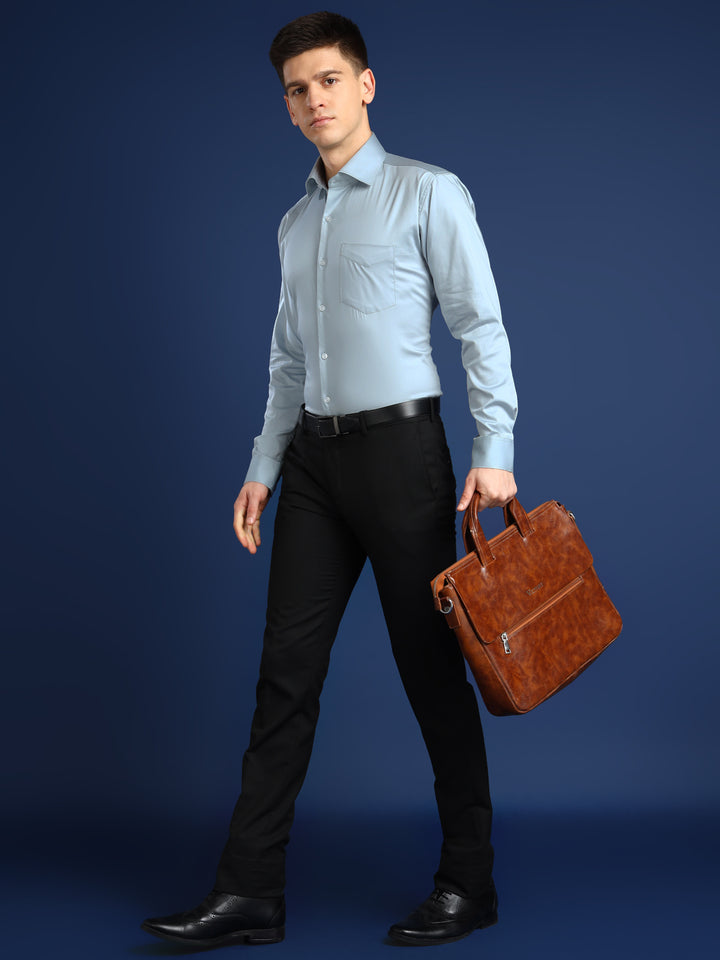 Men Turquoise Blue Solid Cotton Satin Slim Fit Formal Shirt