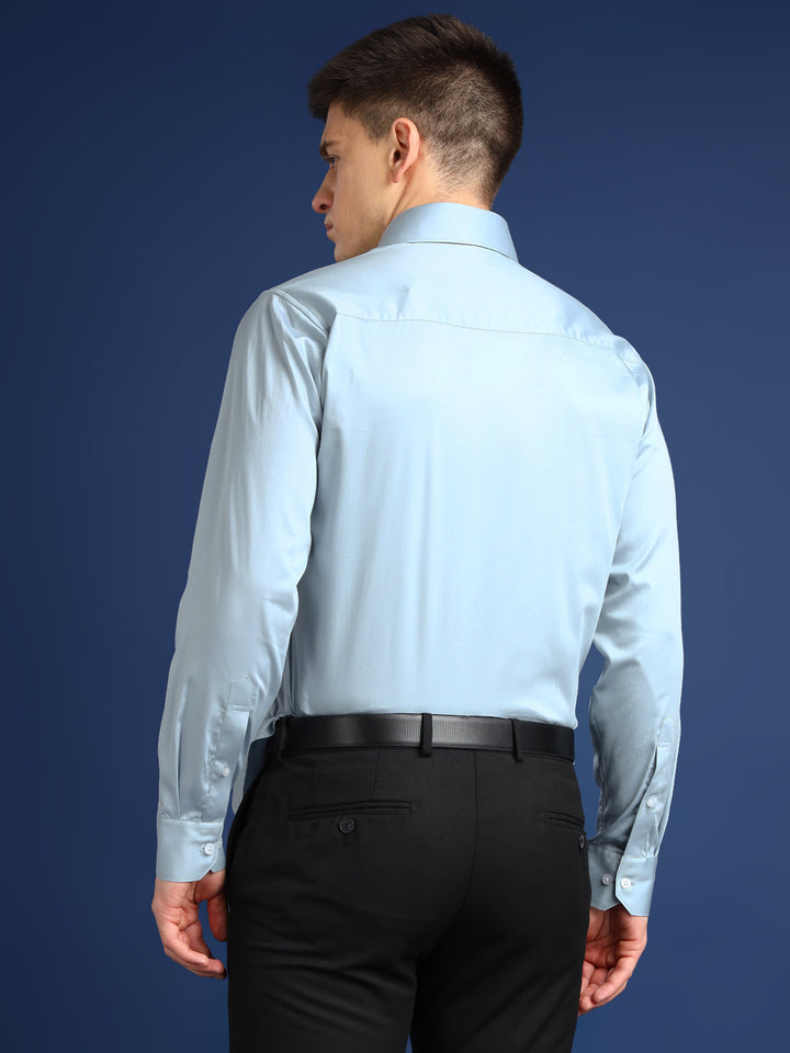 Men Turquoise Blue Solid Cotton Satin Slim Fit Formal Shirt