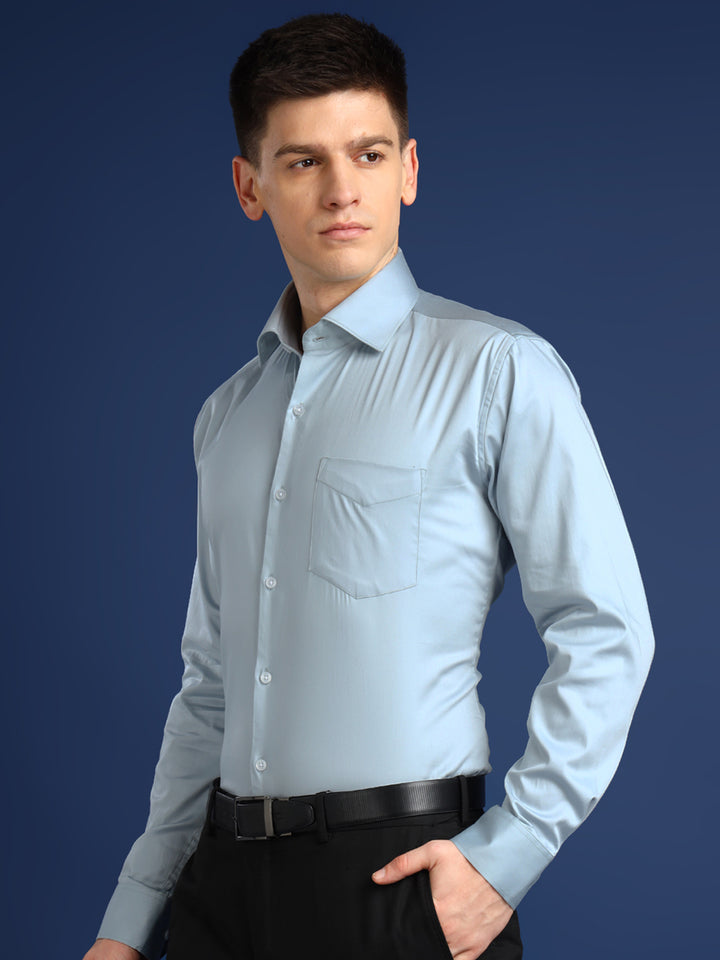 Men Turquoise Blue Solid Cotton Satin Slim Fit Formal Shirt