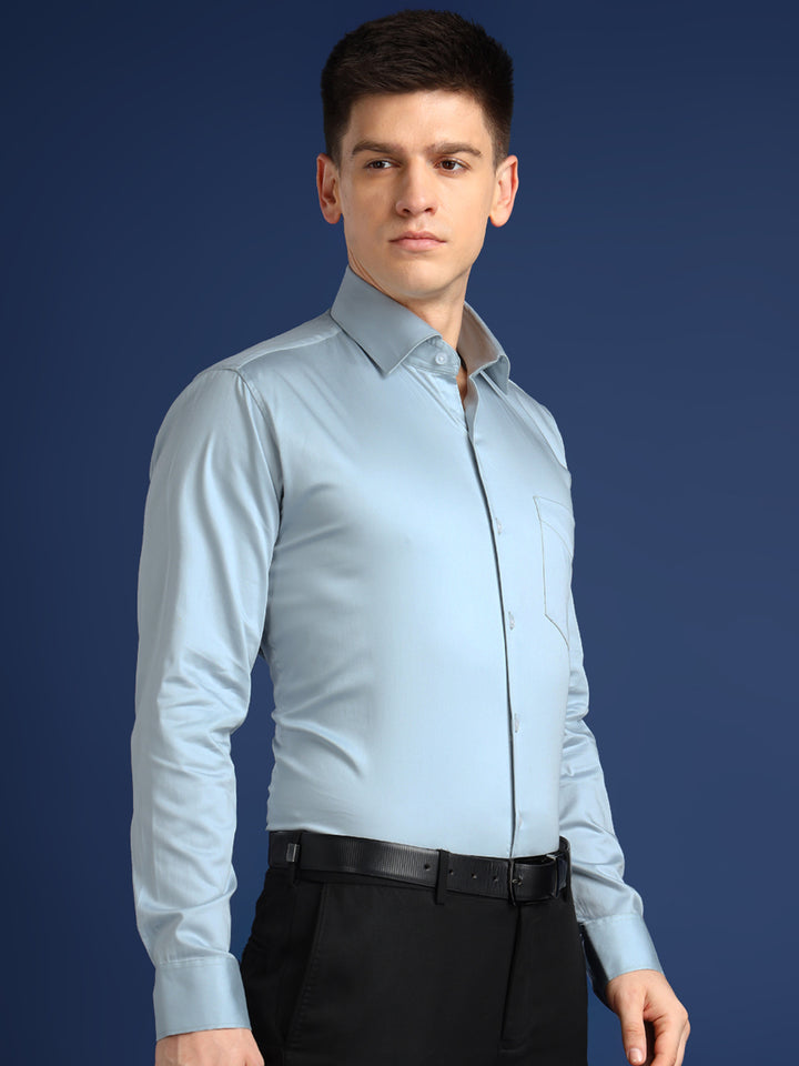 Men Turquoise Blue Solid Cotton Satin Slim Fit Formal Shirt