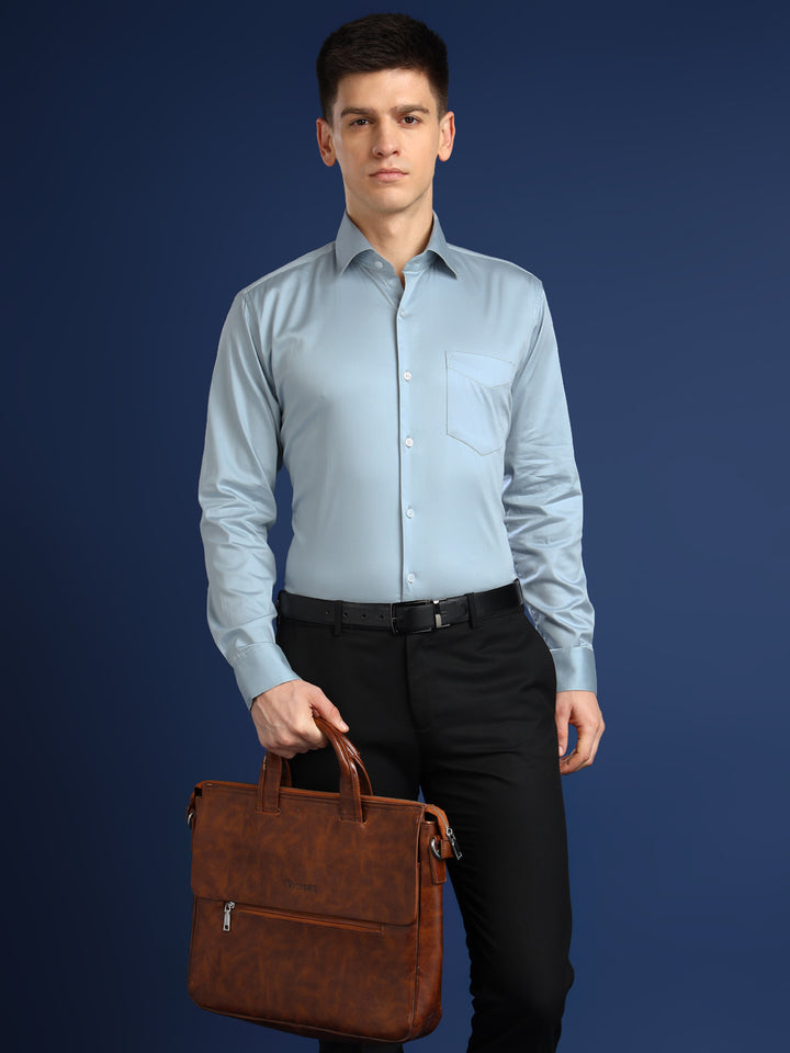 Men Turquoise Blue Solid Cotton Satin Slim Fit Formal Shirt