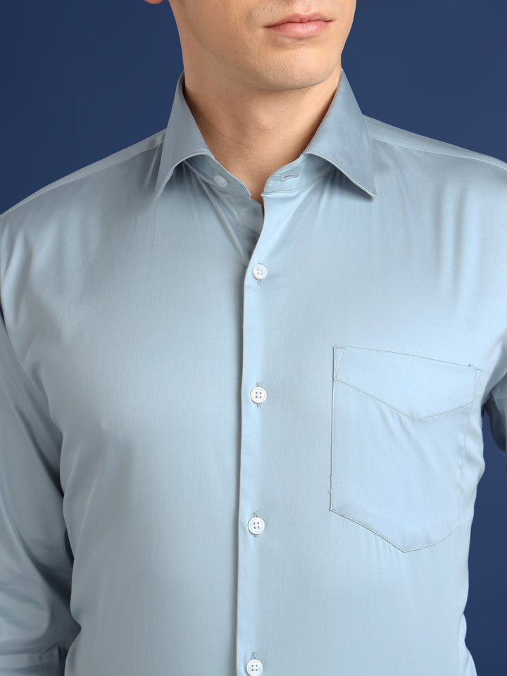 Men Turquoise Blue Solid Cotton Satin Slim Fit Formal Shirt